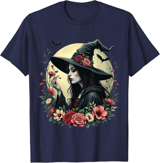 Gothic Cottagecore Witch Floral Witchy Wicca Moon Halloween T-Shirt - T-Shirt | Navy