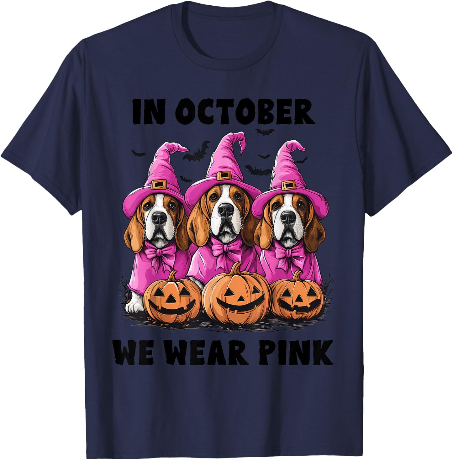 In October We Wear Pink Basset Hound Halloween Breast Cancer T-Shirt - T-Shirt | Navy