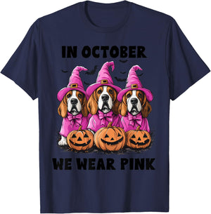 In October We Wear Pink Basset Hound Halloween Breast Cancer T-Shirt - T-Shirt | Navy