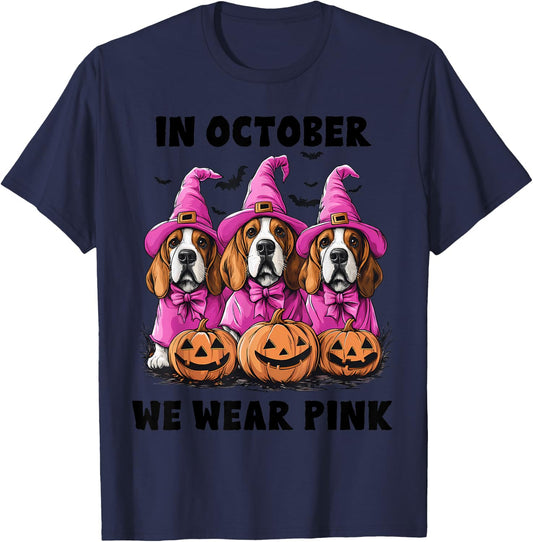 In October We Wear Pink Basset Hound Halloween Breast Cancer T-Shirt - T-Shirt | Navy