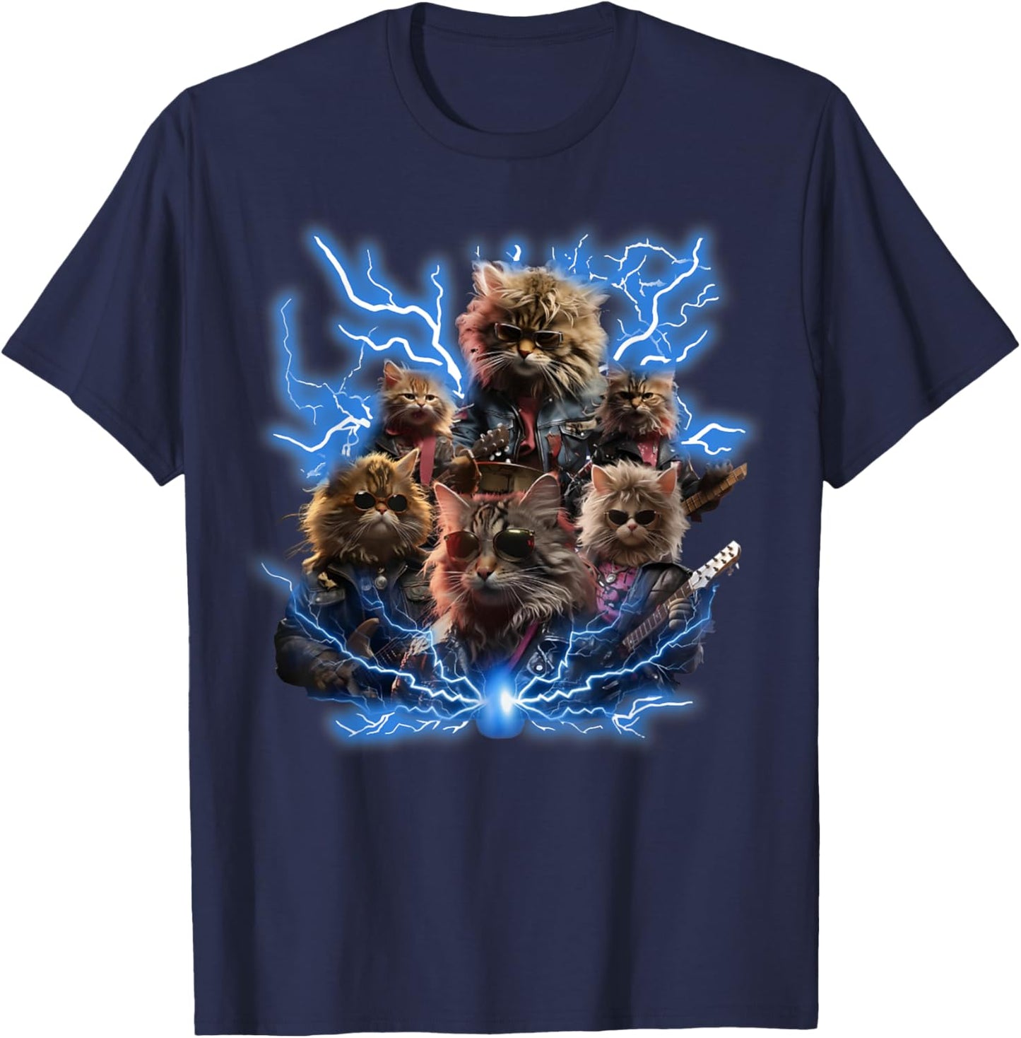 Cats Playing Guitar Retro Rock Music Band Women Kid T-Shirt - T-Shirt | Navy