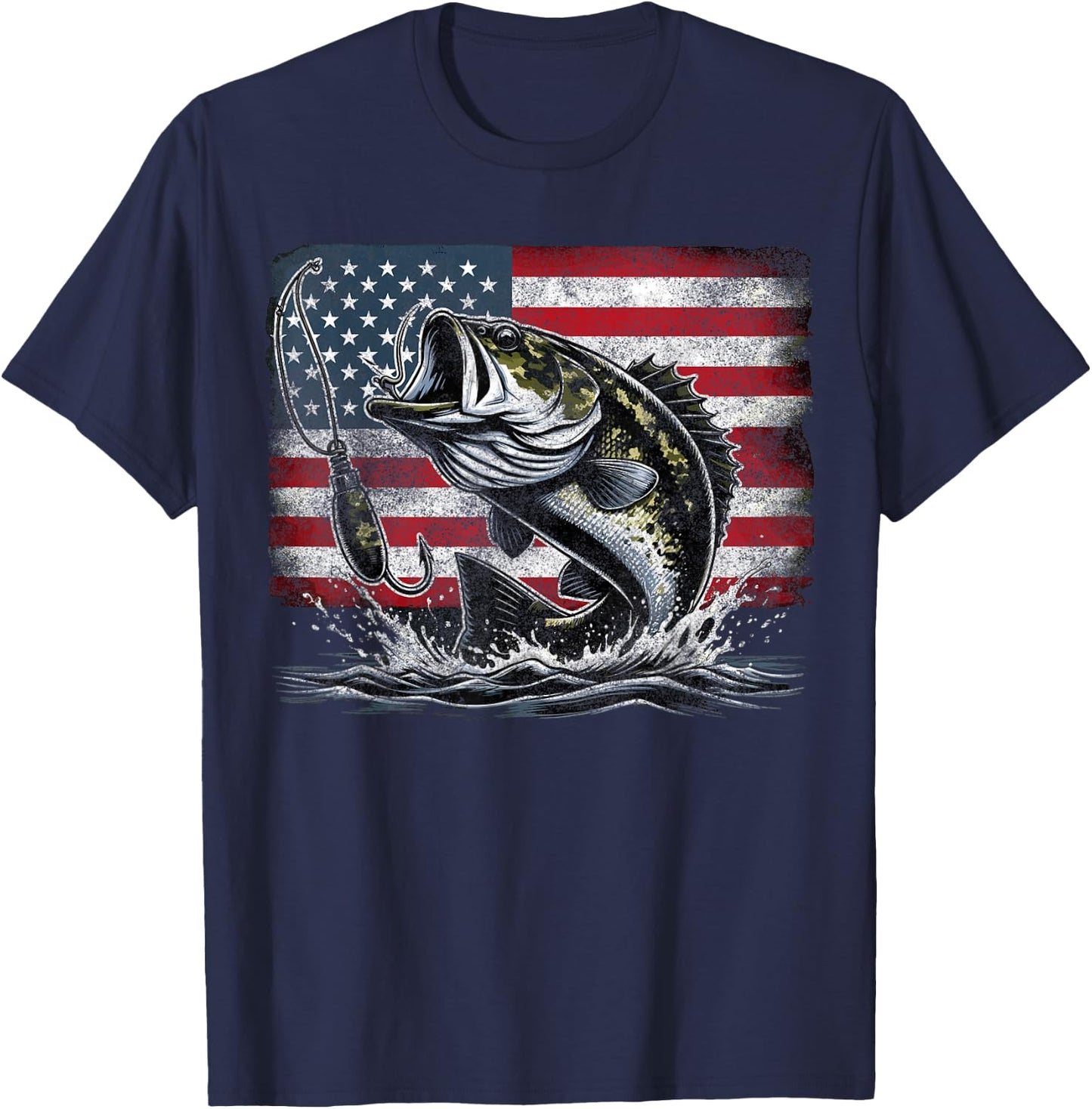 Fishing Retro American Flag Bass Fish Fisherman Camo T-Shirt - T-Shirt | Navy