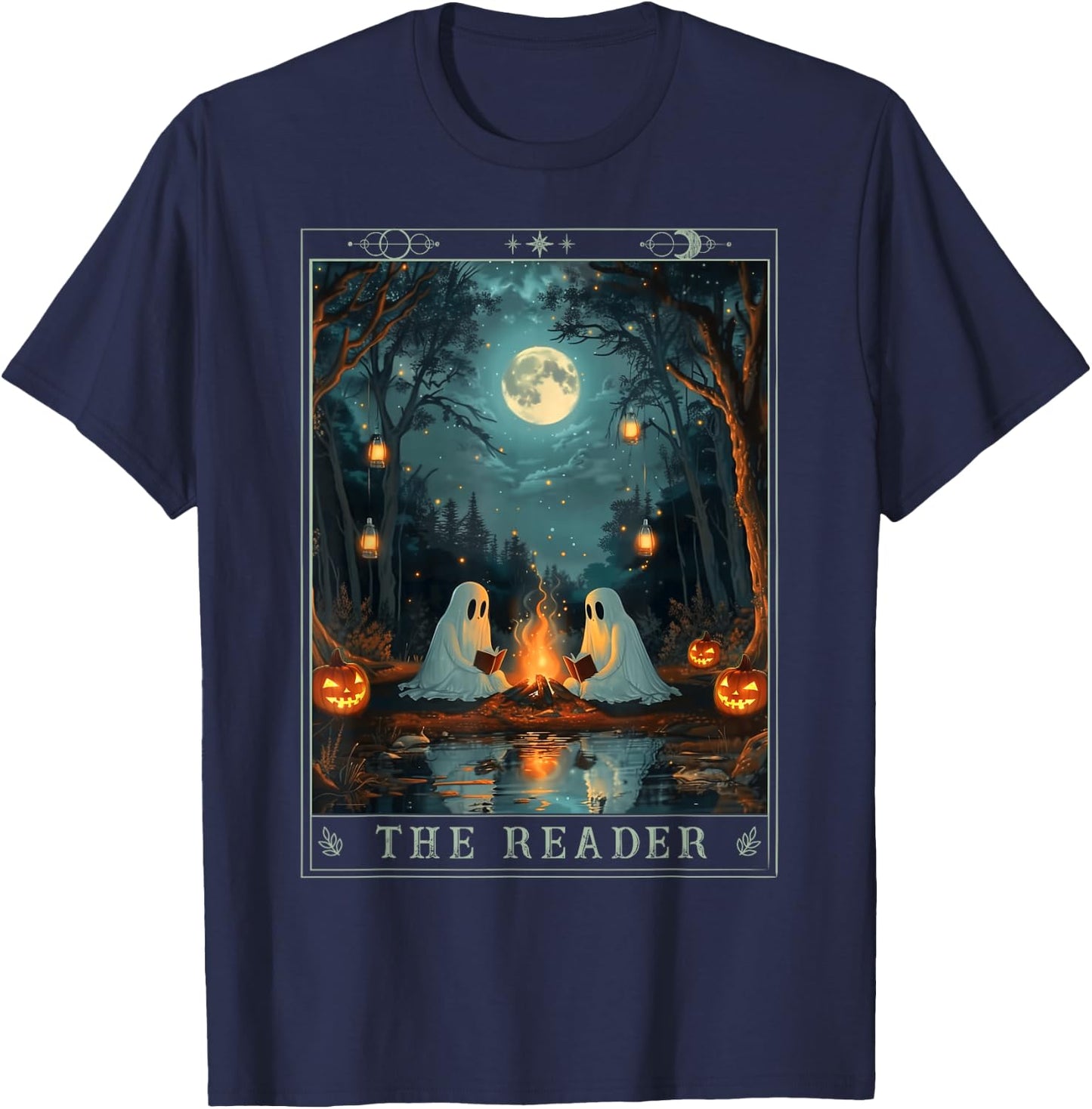 The Reader Bookish Cute Spooky Ghost Reading Book Tarot Card T-Shirt - T-Shirt | Navy