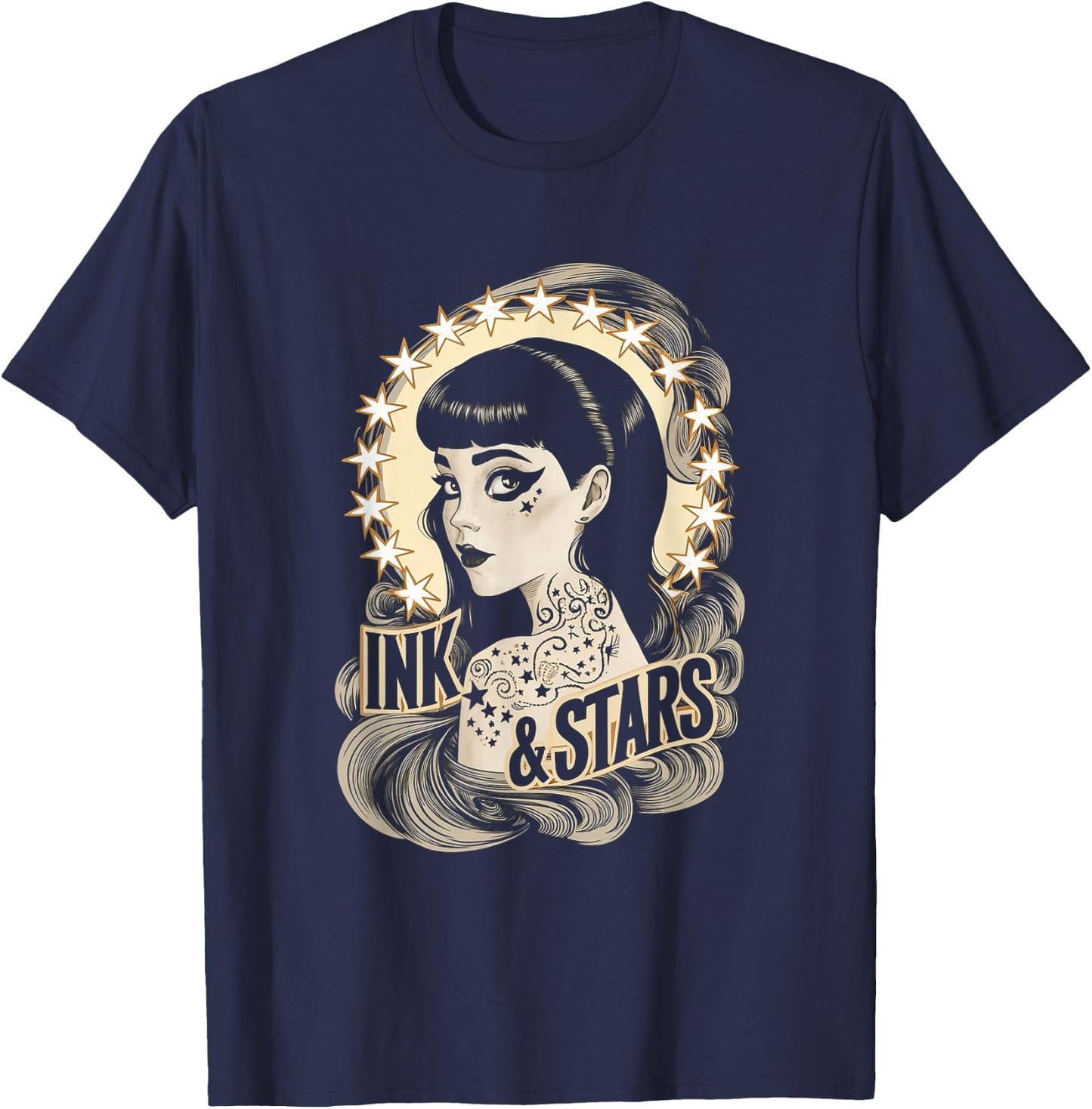 Vintage Tattoo Goth Girl Ink and Stars T-Shirt - T-Shirt | Navy
