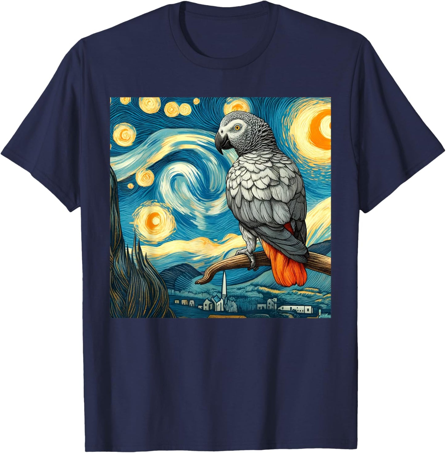 African Grey Parrot Owner Bird Lover Starry Night Van Gogh T-Shirt - T-Shirt | Navy