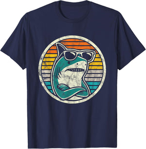 Retro Cool Shark with Sunglasses Vintage Ocean Vibes T-Shirt - T-Shirt | Navy