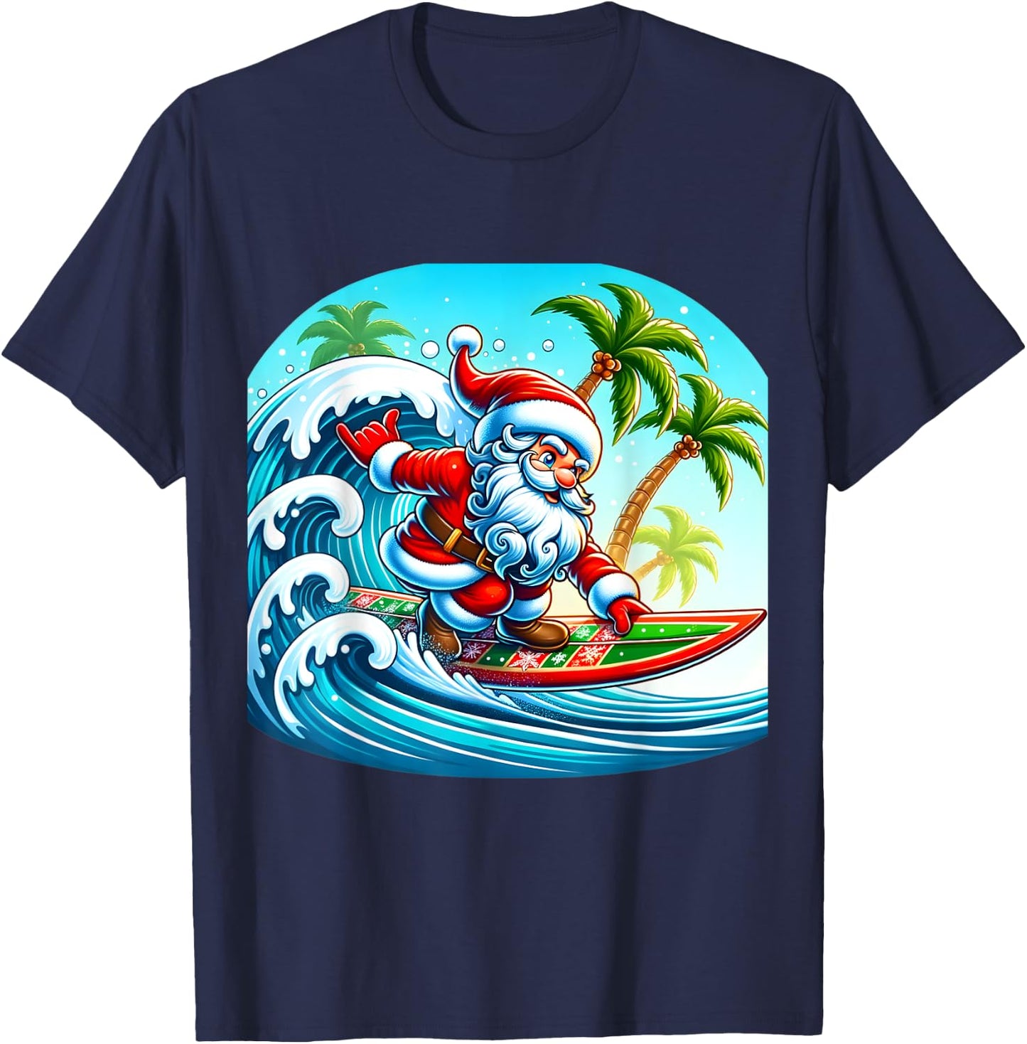 Christmas Surfing Santa Beach Surfboard Palms Women Kids T-Shirt - T-Shirt | Navy