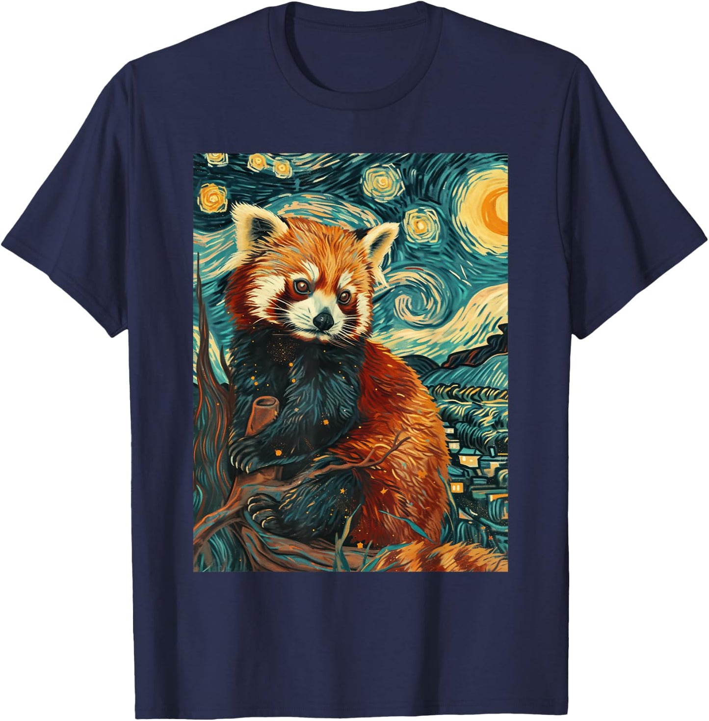 Red Panda Starry Night Van Gogh Graphic T-Shirt - T-Shirt | Navy