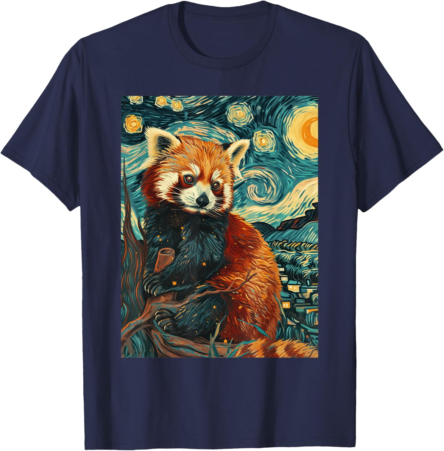 Red Panda Starry Night Van Gogh Graphic T-Shirt - T-Shirt | Navy