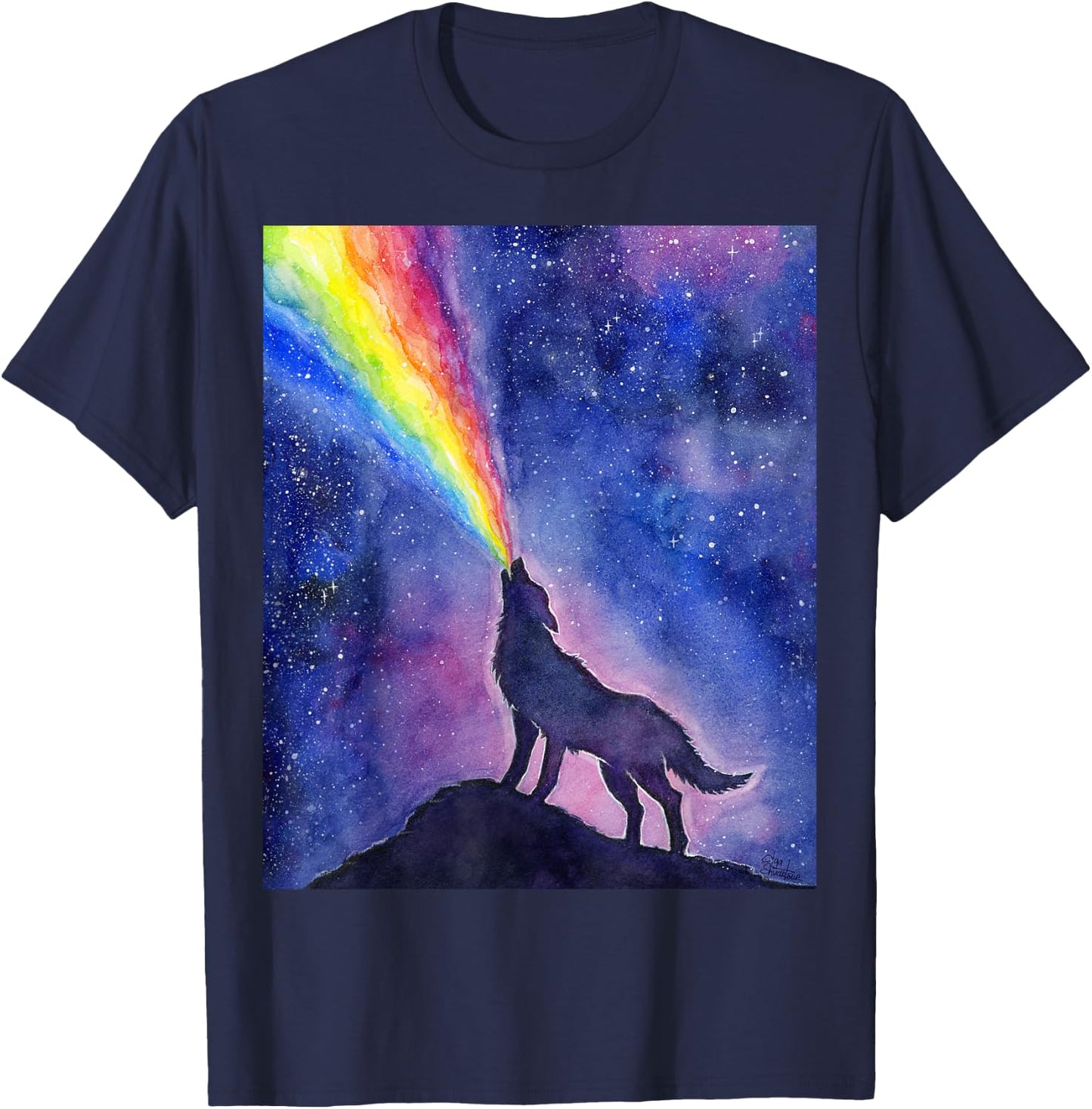 Wolf Howling Rainbow in Space T-Shirt - T-Shirt | Navy