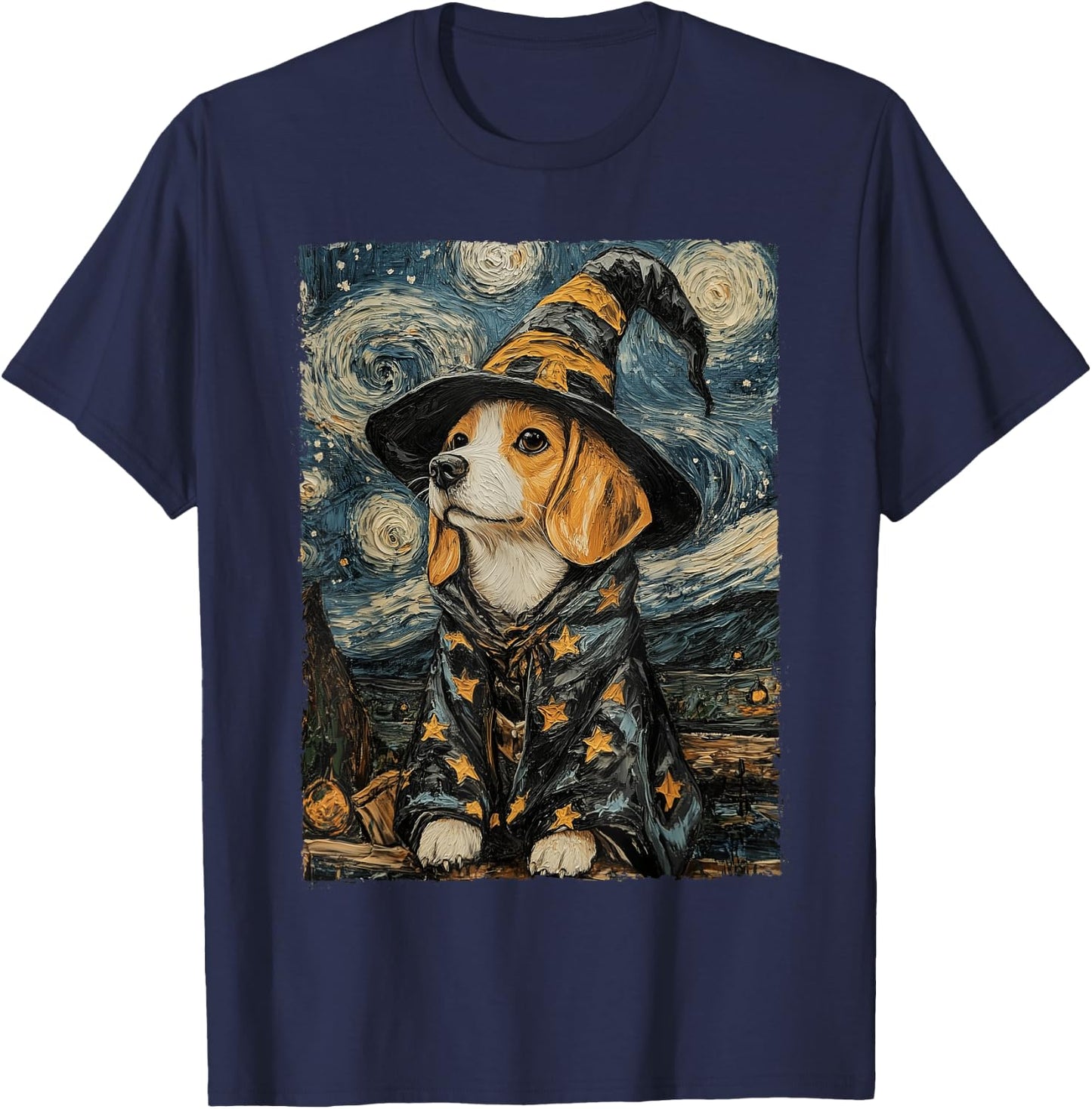 Beagle Witch Costume Painting Starry Night Dog T-Shirt - T-Shirt | Navy