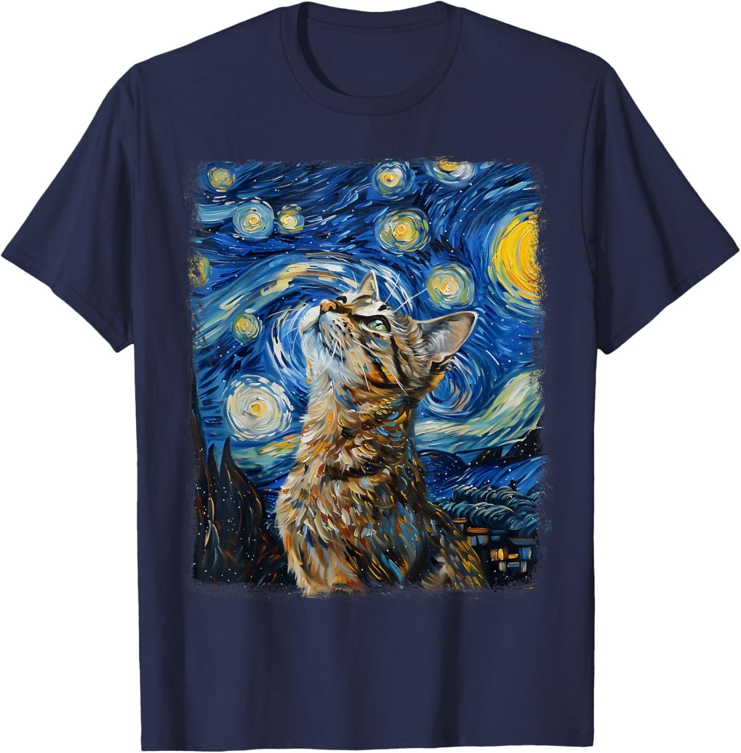 Tabby Cat Orange Cat Starry Night Painting T-Shirt - T-Shirt | Navy