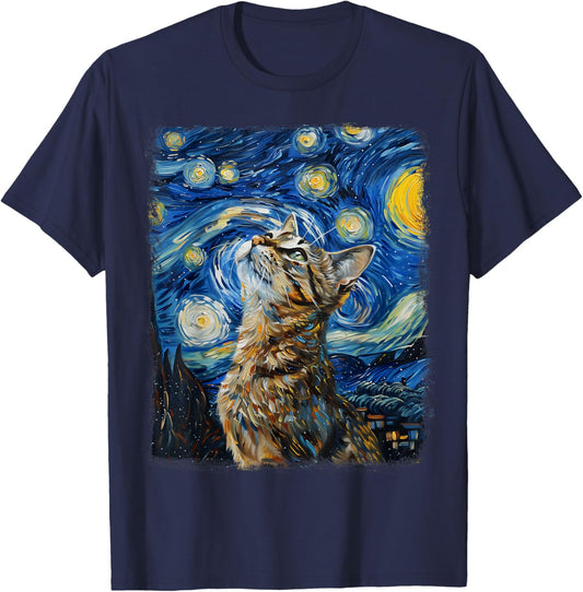 Tabby Cat Orange Cat Starry Night Painting T-Shirt - T-Shirt | Navy