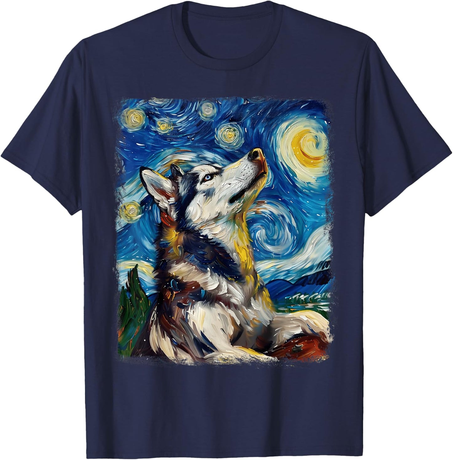 Siberian Husky Dog Starry Night Painting T-Shirt - T-Shirt | Navy