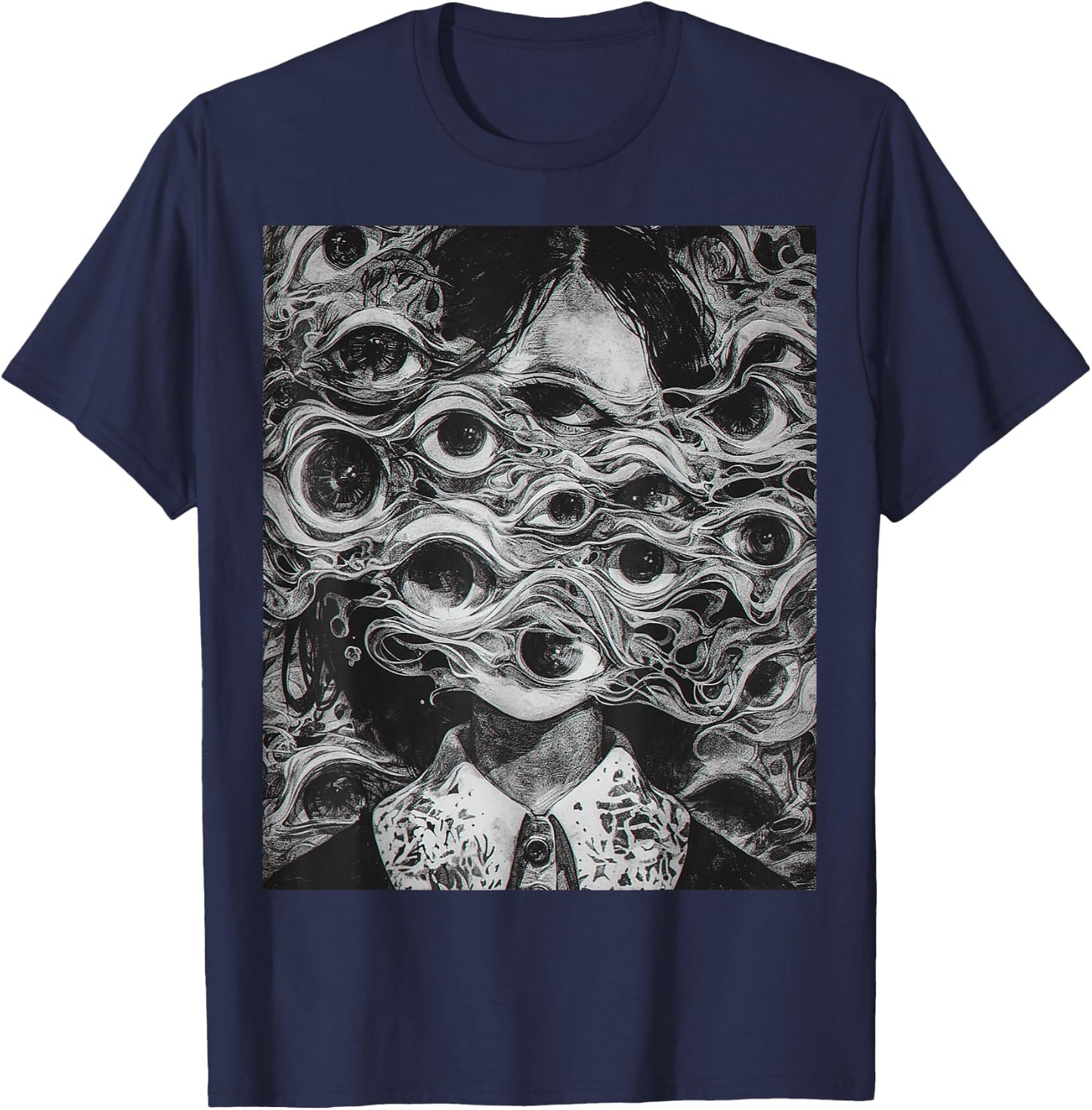 Creepy manga Girl Scary Eyes Horror Halloween Frightening T-Shirt - T-Shirt | Navy
