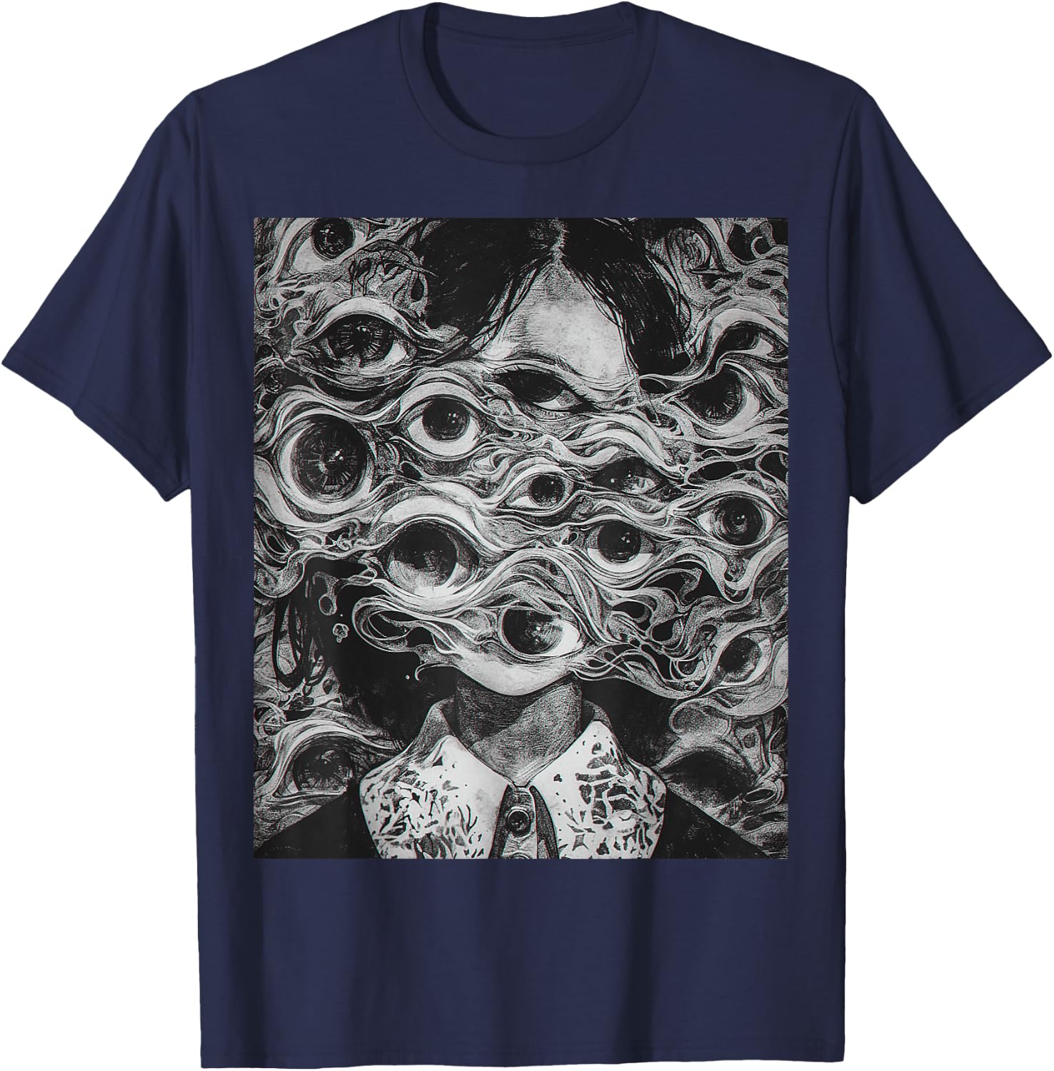 Creepy manga Girl Scary Eyes Horror Halloween Frightening T-Shirt - T-Shirt | Navy