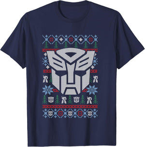 Transformers Christmas Autobots Retro Ugly Sweater Style T-Shirt - T-Shirt | Navy