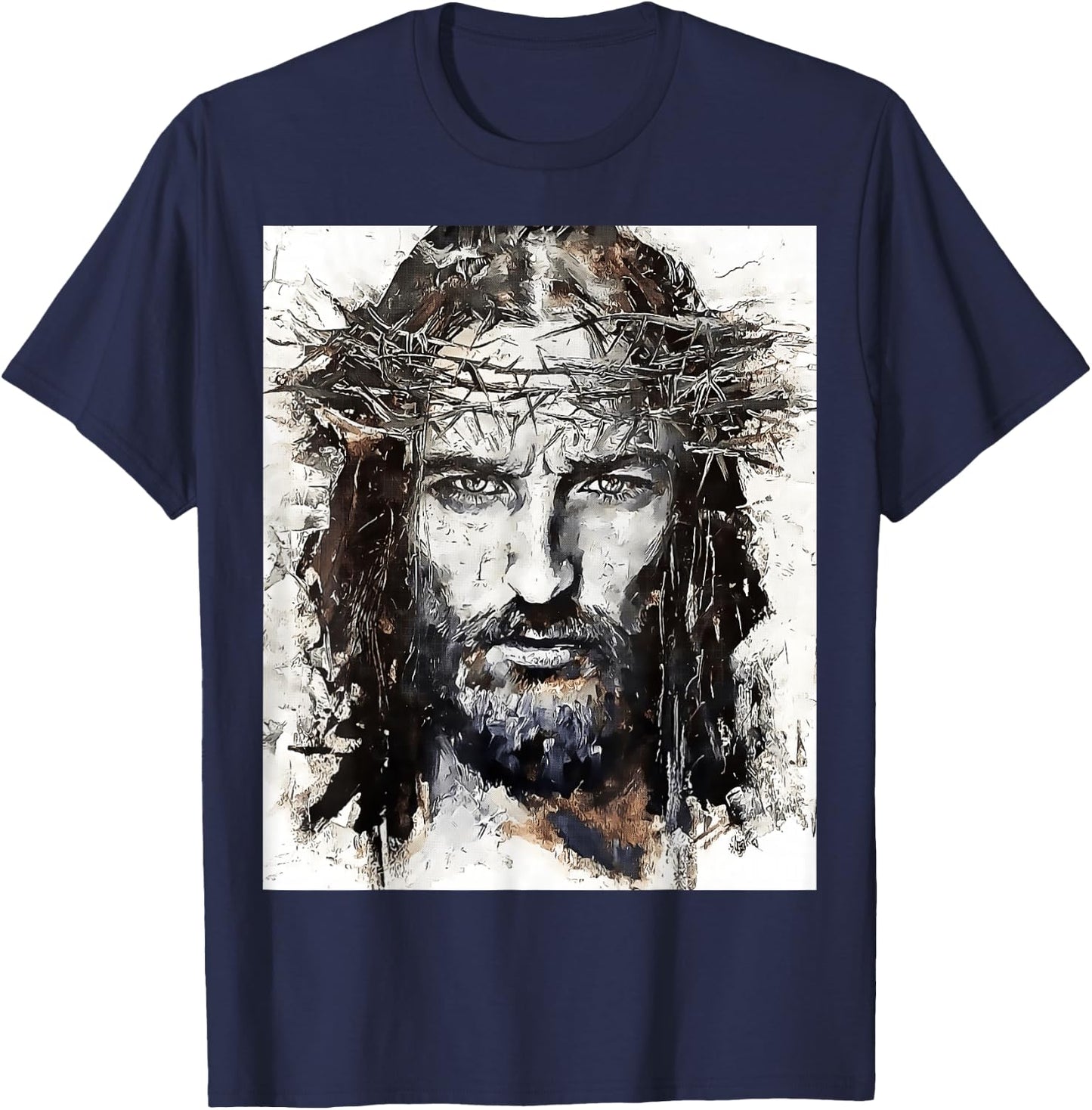 Vintage Art Face Of Jesus On A Cross With Crown Of Thorns T-Shirt - T-Shirt | Navy