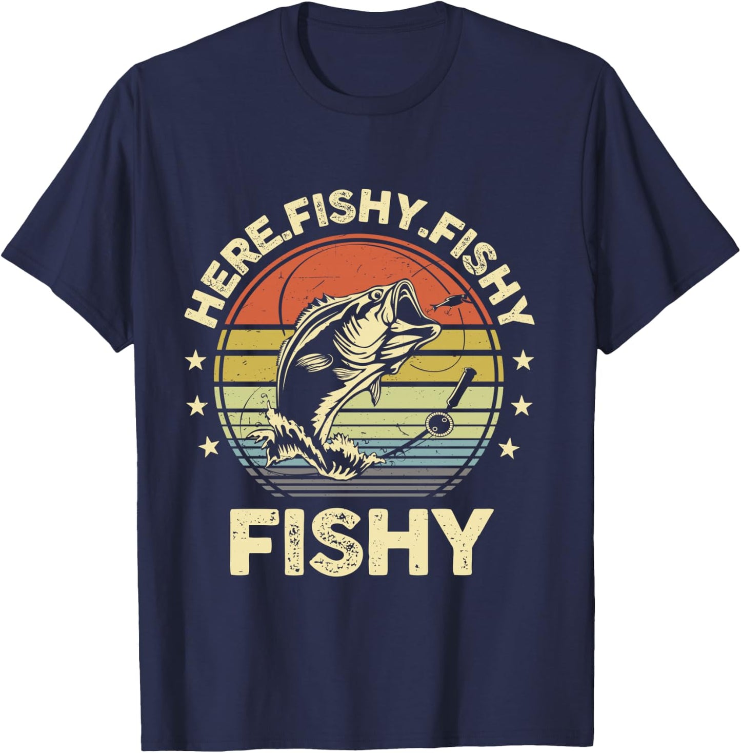 Fishing Here-Fishy Bass Fish Funny Dad Graphic T-Shirt - T-Shirt | Navy