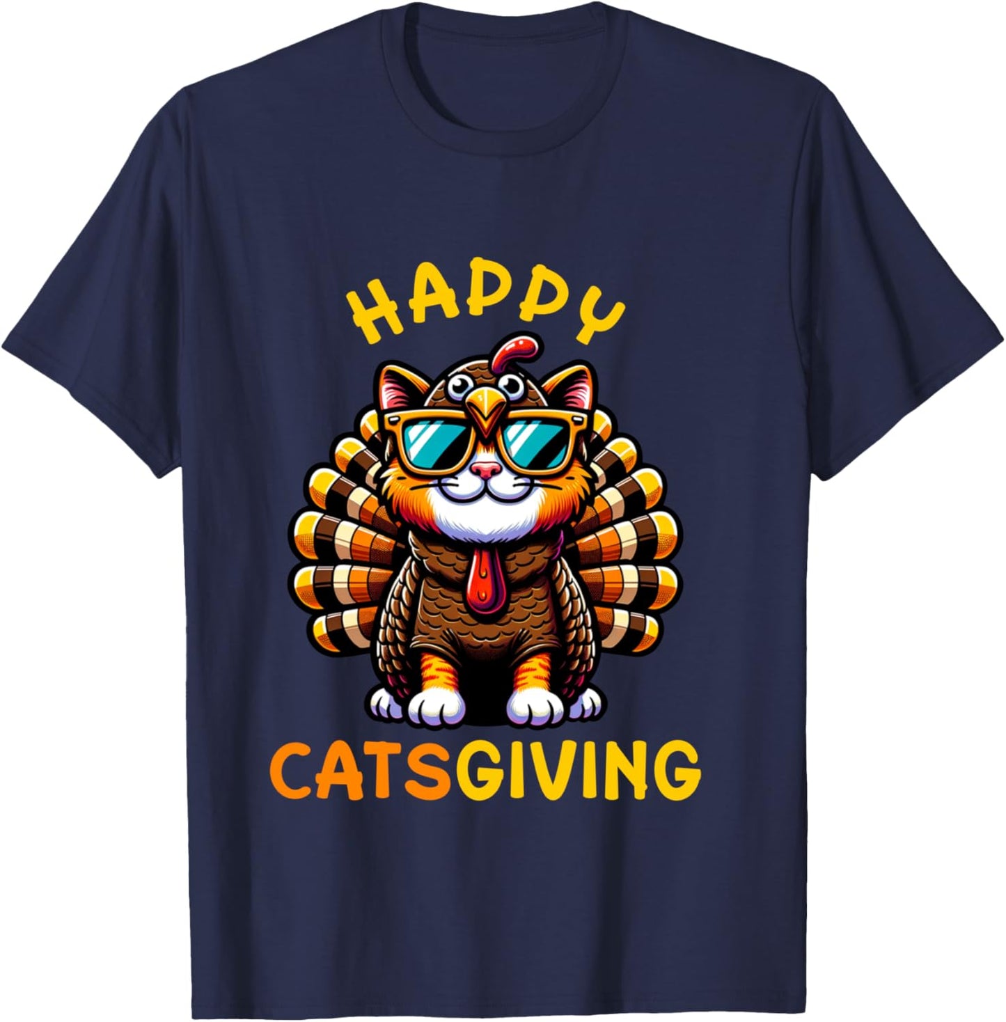 Happy Catsgiving Thanksgiving Funny Turkey Cat T-Shirt - T-Shirt | Navy