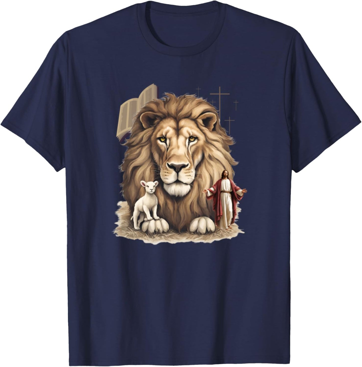 Vintage Jesus Lion Lamb Bible Cross Christian Faith T-Shirt - T-Shirt | Navy