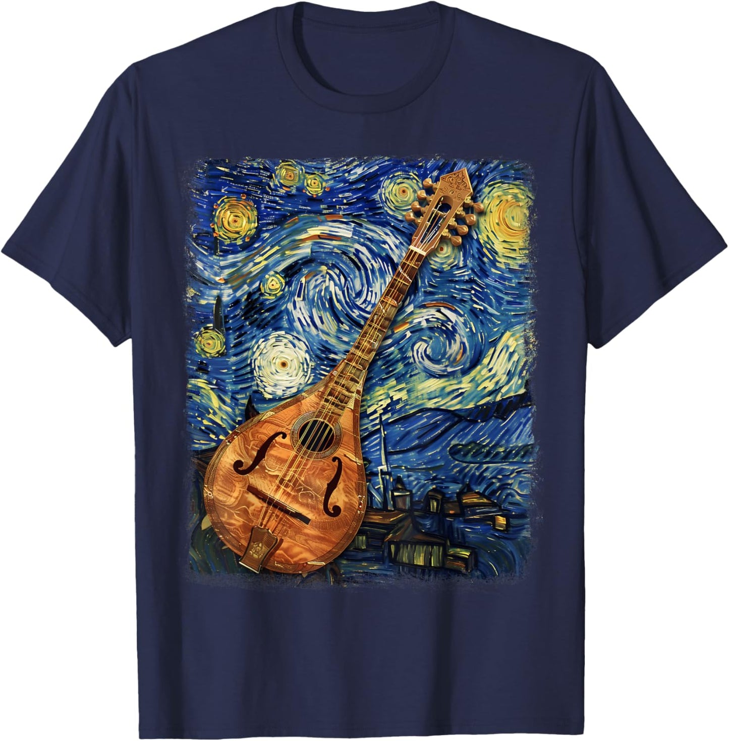 Mandolin Mandolinist Instrument Starry Night Painting T-Shirt - T-Shirt | Navy