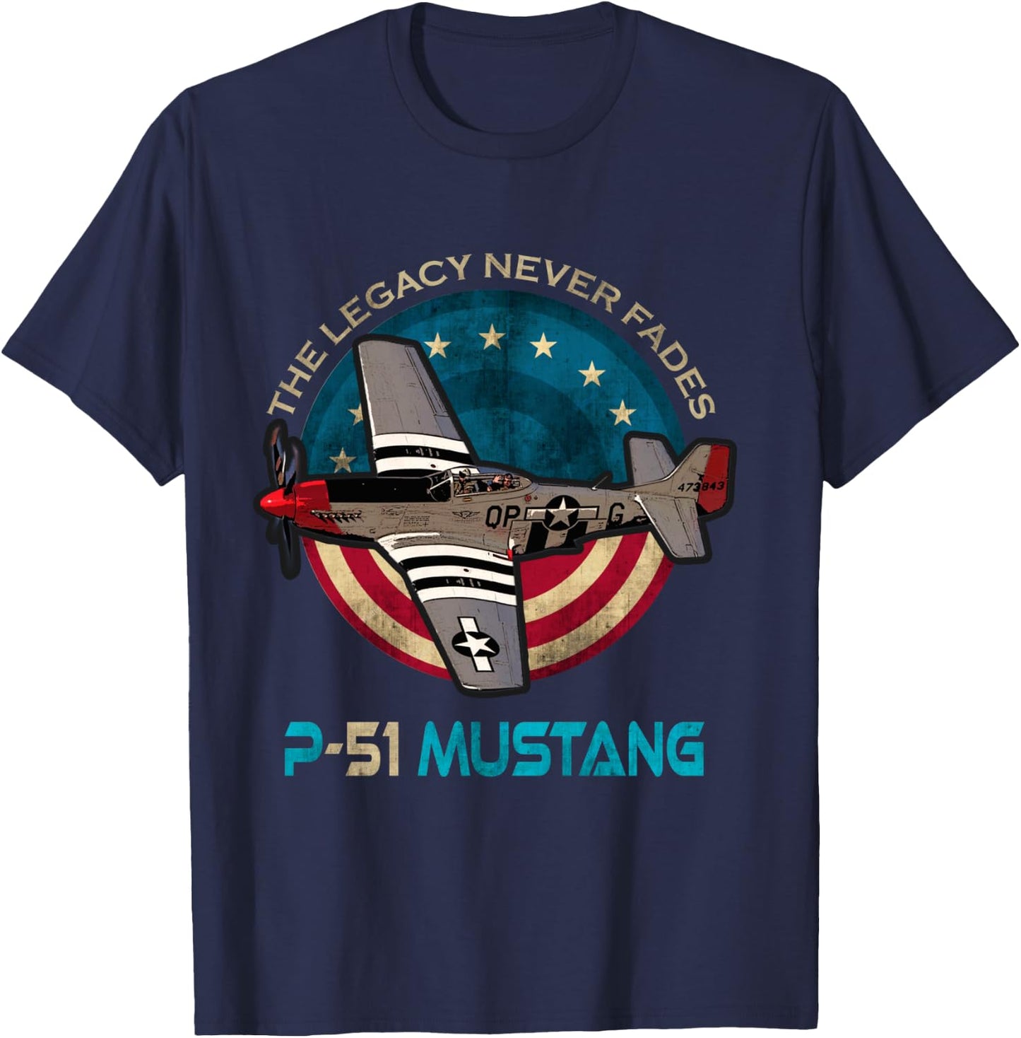 P-51 Mustang American WW2 Fighter Airplane Vintage USA Flag T-Shirt - T-Shirt | Navy