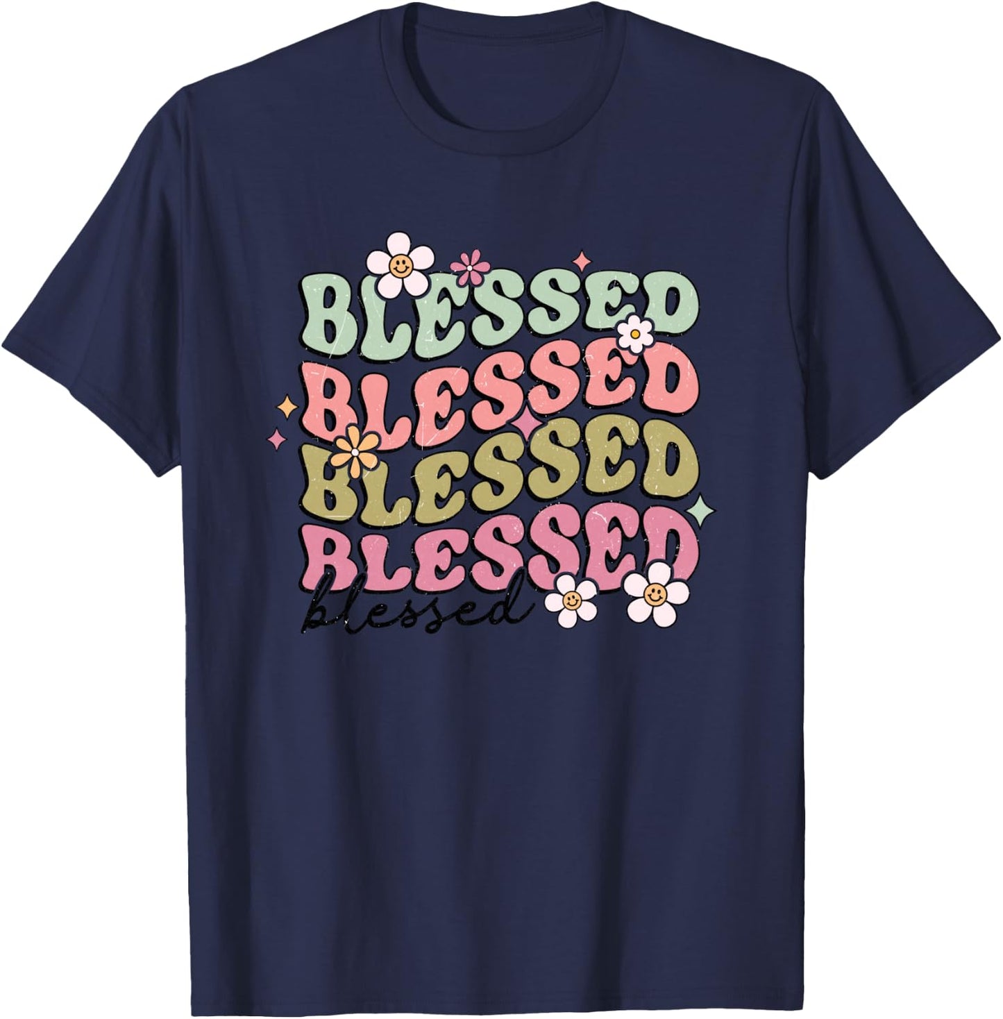 Retro Boho Blessed Religious Jesus Bible Graphic Christian T-Shirt - T-Shirt | Navy