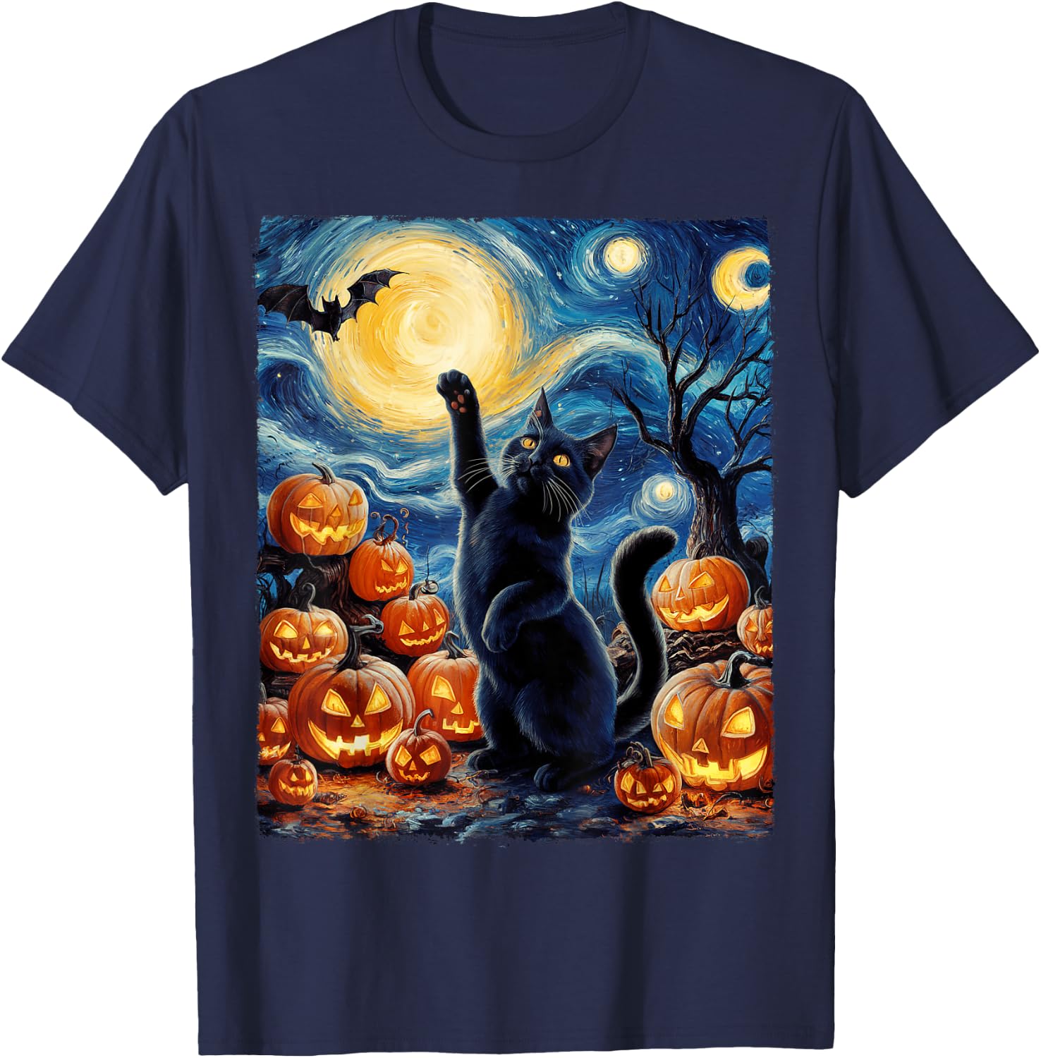 Halloween Cat Van Gogh Starry Night Pumpkin Gifts Men Women T-Shirt - T-Shirt | Navy