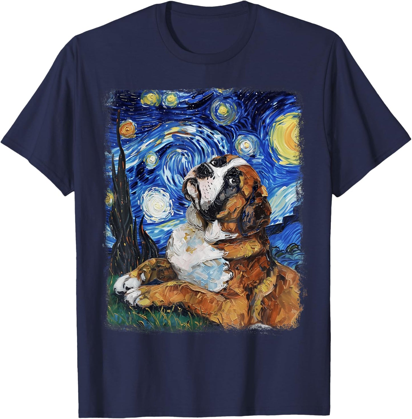St. Bernard Dog Starry Night Painting T-Shirt - T-Shirt | Navy