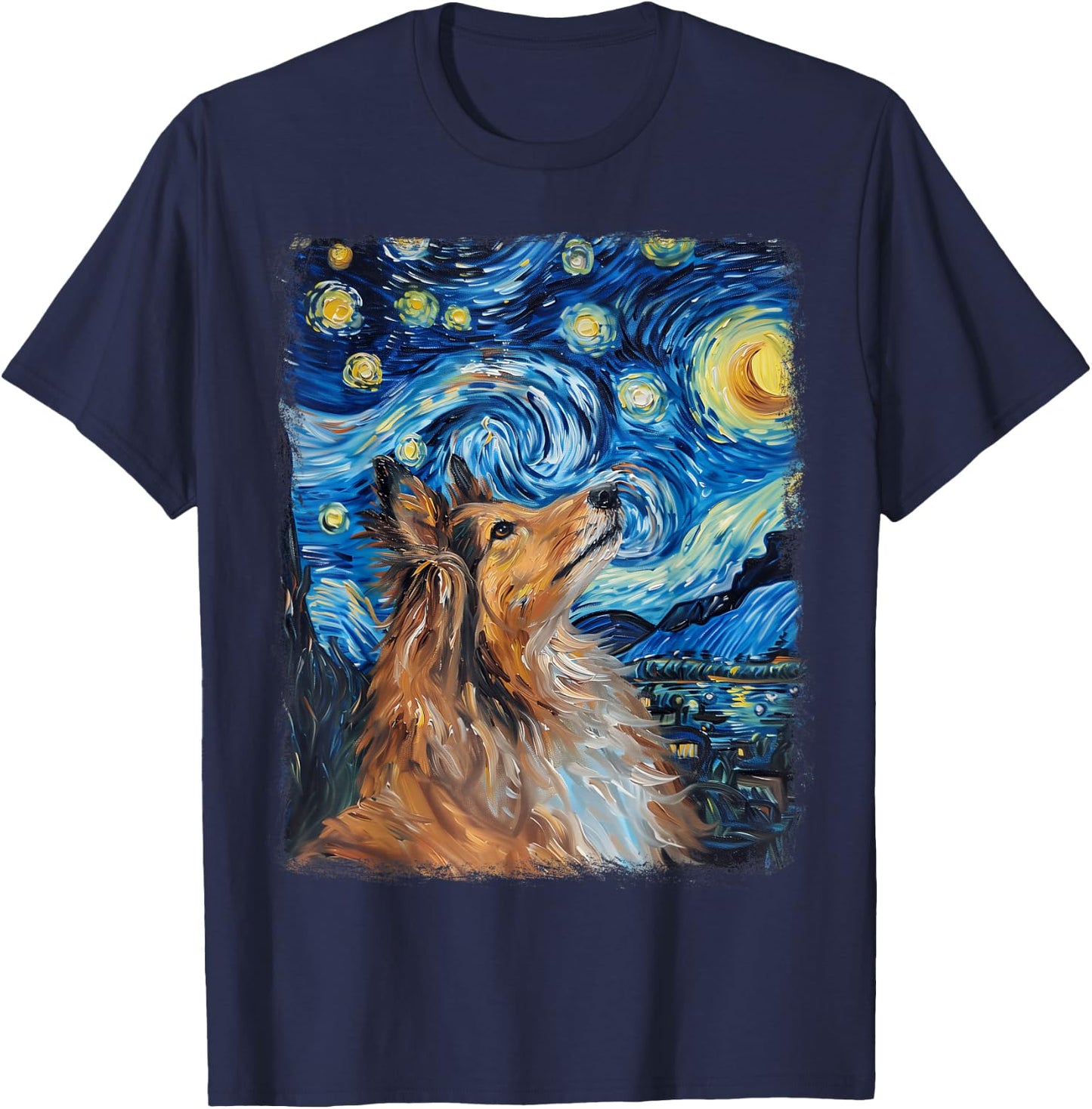 Shetland Sheepdogs Dog Starry Night Painting T-Shirt - T-Shirt | Navy