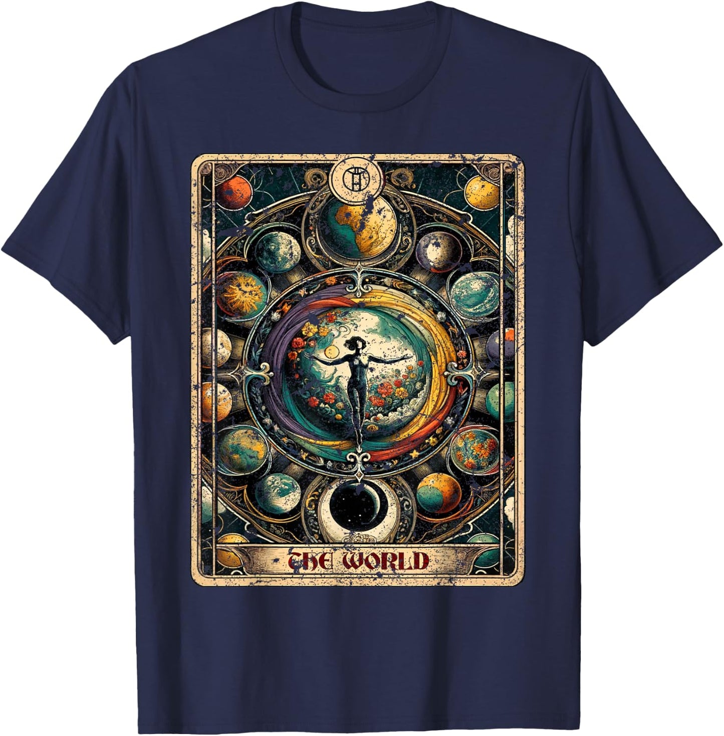 Distressed Grunge Worn Out Style The World Tarot Card T-Shirt - T-Shirt | Navy