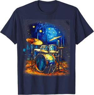 Drum Kit Percussionist Drummer Van Gogh Drums T-Shirt - T-Shirt | Navy