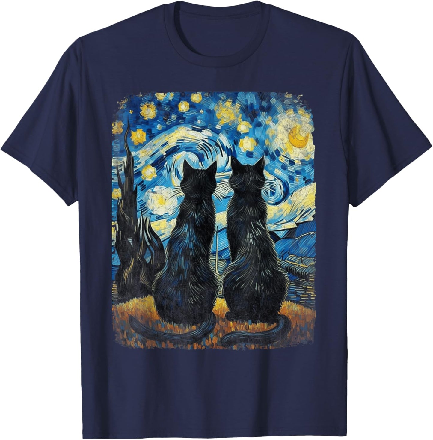 Cat Gifts for Cat Mom Dad Starry Night Van Gogh Cat T-Shirt - T-Shirt | Navy
