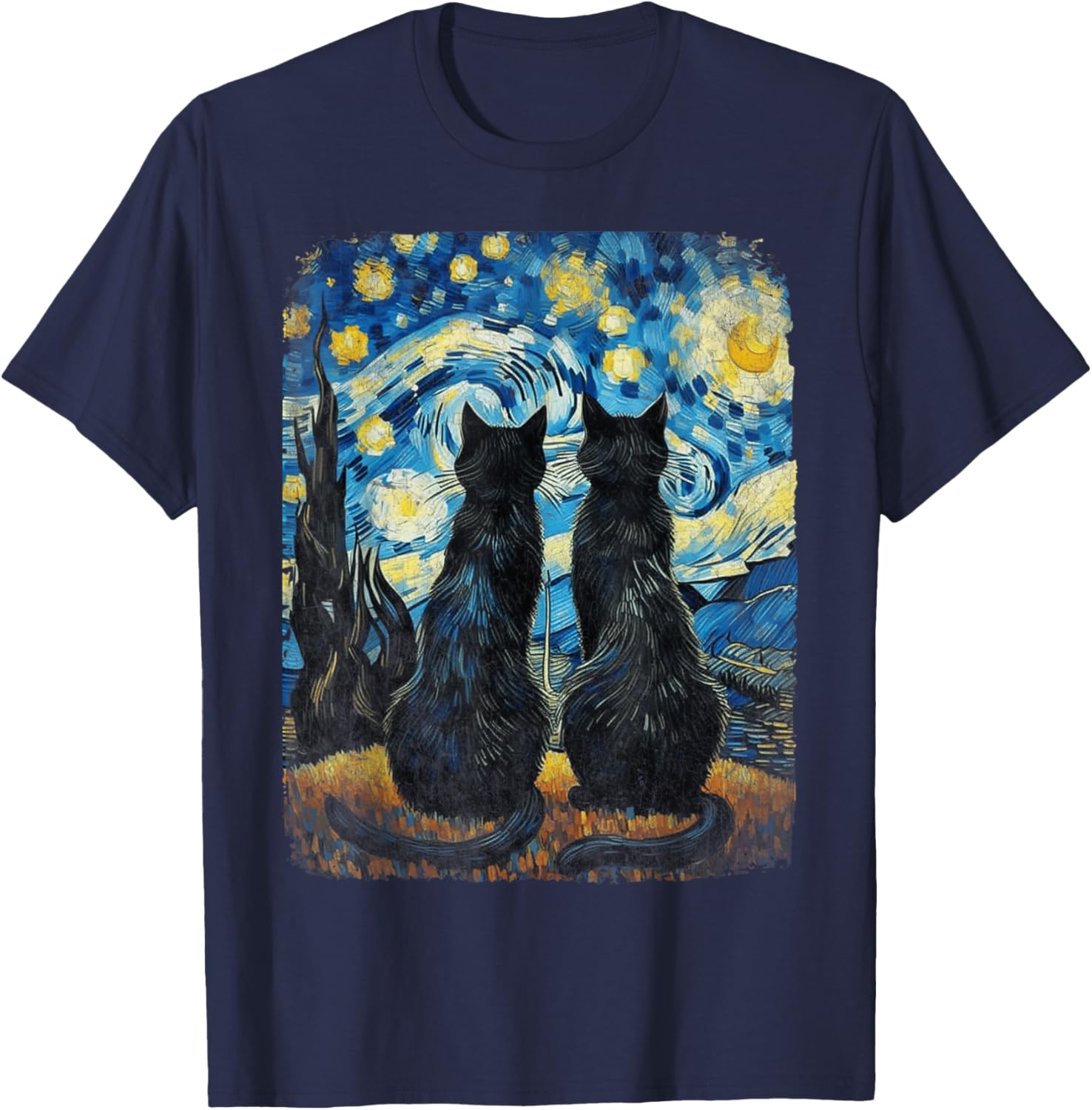 Cat Gifts for Cat Mom Dad Starry Night Van Gogh Cat T-Shirt - T-Shirt | Navy