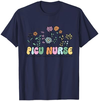 Retro Vintage Floral PICU Nurse Shirt Nurse Week T-Shirt - T-Shirt | Navy