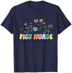 Retro Vintage Floral PICU Nurse Shirt Nurse Week T-Shirt - T-Shirt | Navy