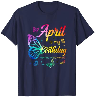 April Birthday Girls Butterfly Tie Dye Theme T-Shirt - T-Shirt | Navy