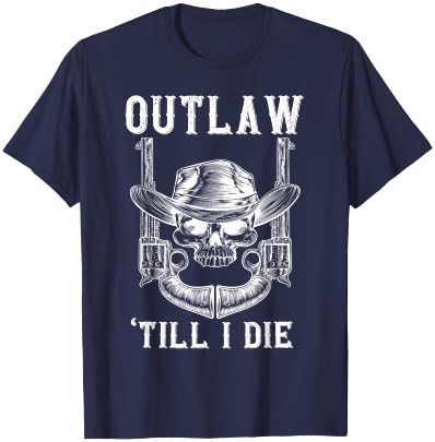 Outlaw Until I Die Bandit Skull Revolver Western Distressed T-Shirt - T-Shirt | Navy