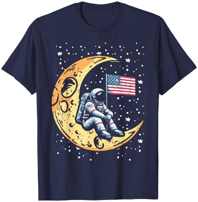 Astronaut Crescent Moon US Flag Space Patriot Men Women Kids T-Shirt - T-Shirt | Navy