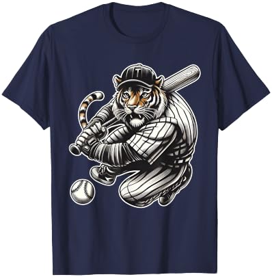 Funny Tiger Playing Baseball Cute Baseball T-Shirt - T-Shirt | Navy