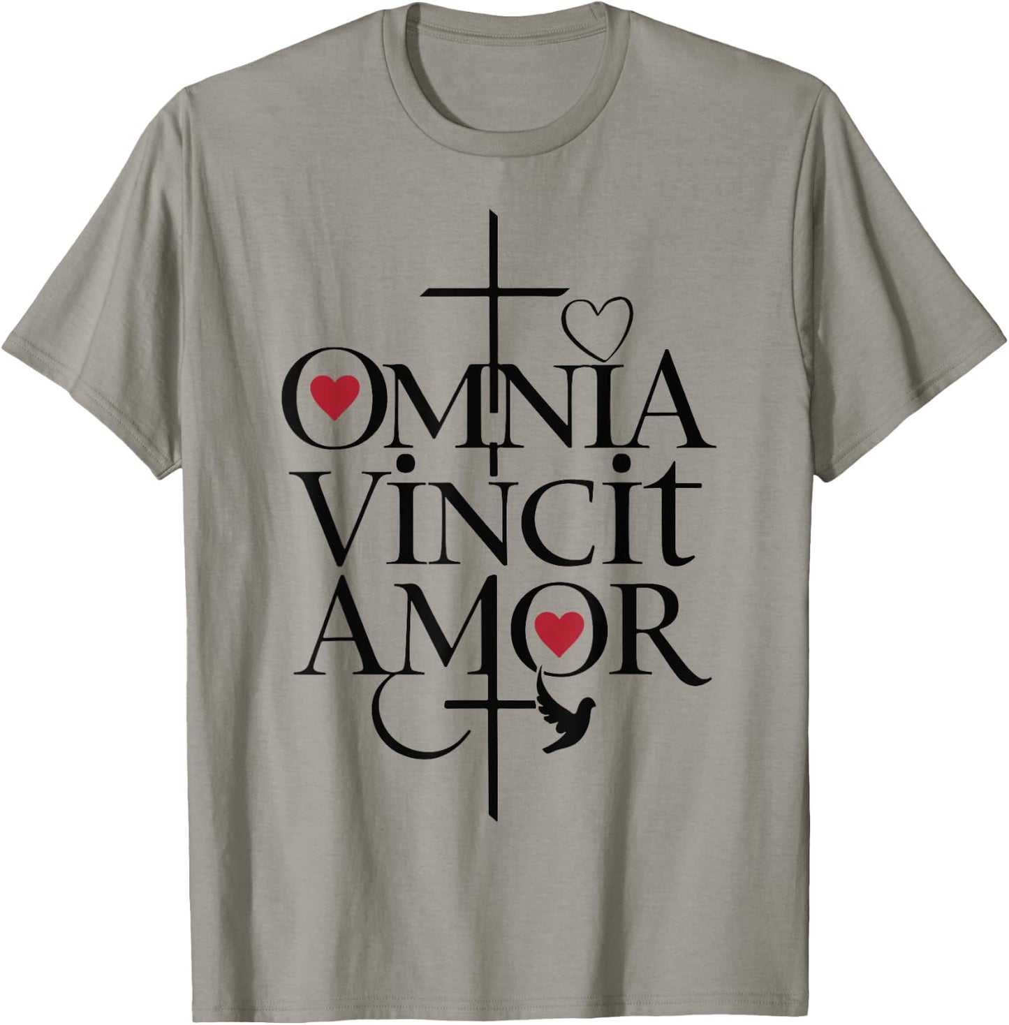 Omnia Vincit Amor Religious Latin Quote Love Faith Cross T-Shirt - T-Shirt | Sand