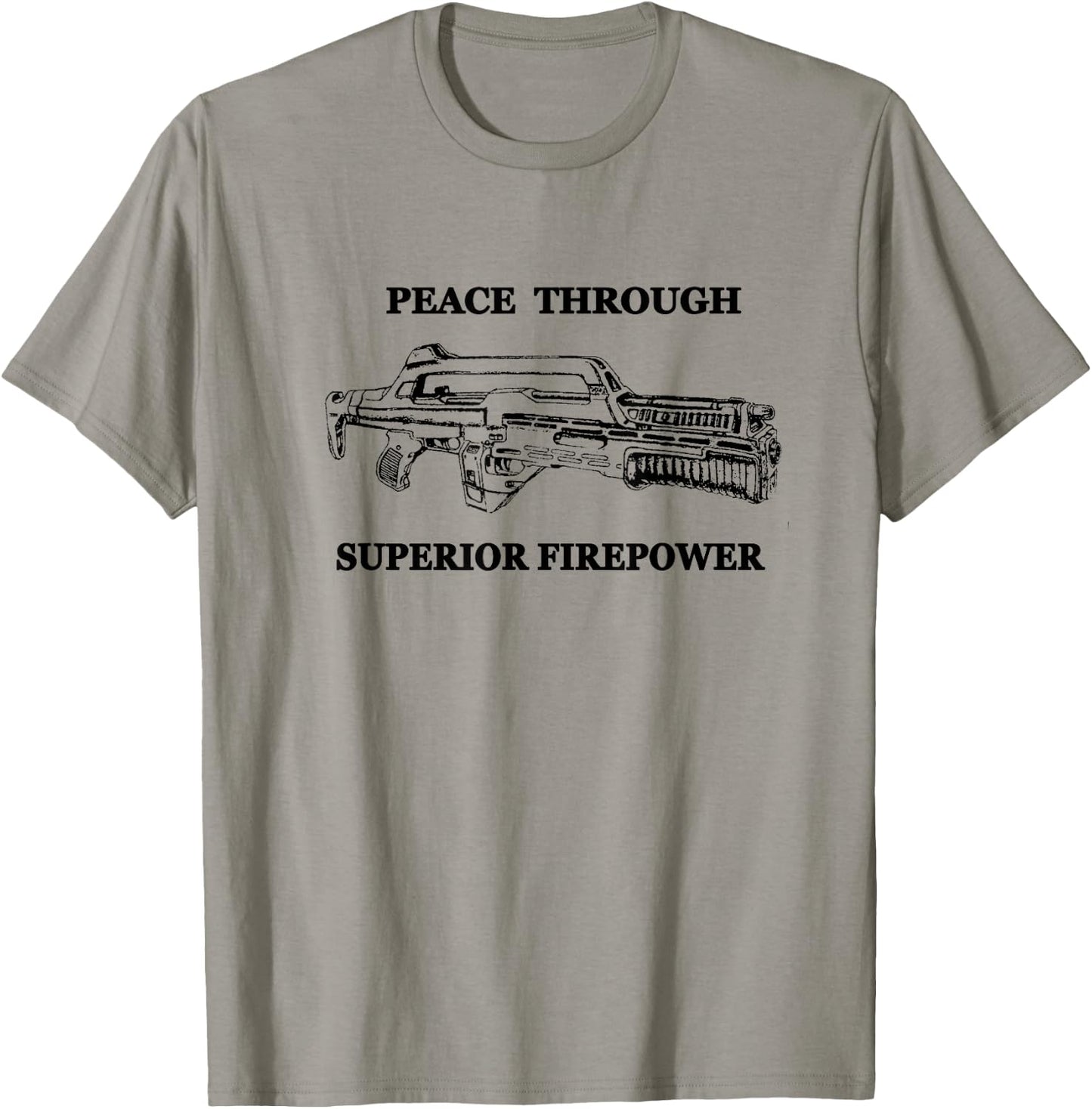Peace Through Superior Firepower - Retro 80's Sci-fi T-Shirt - T-Shirt | Sand
