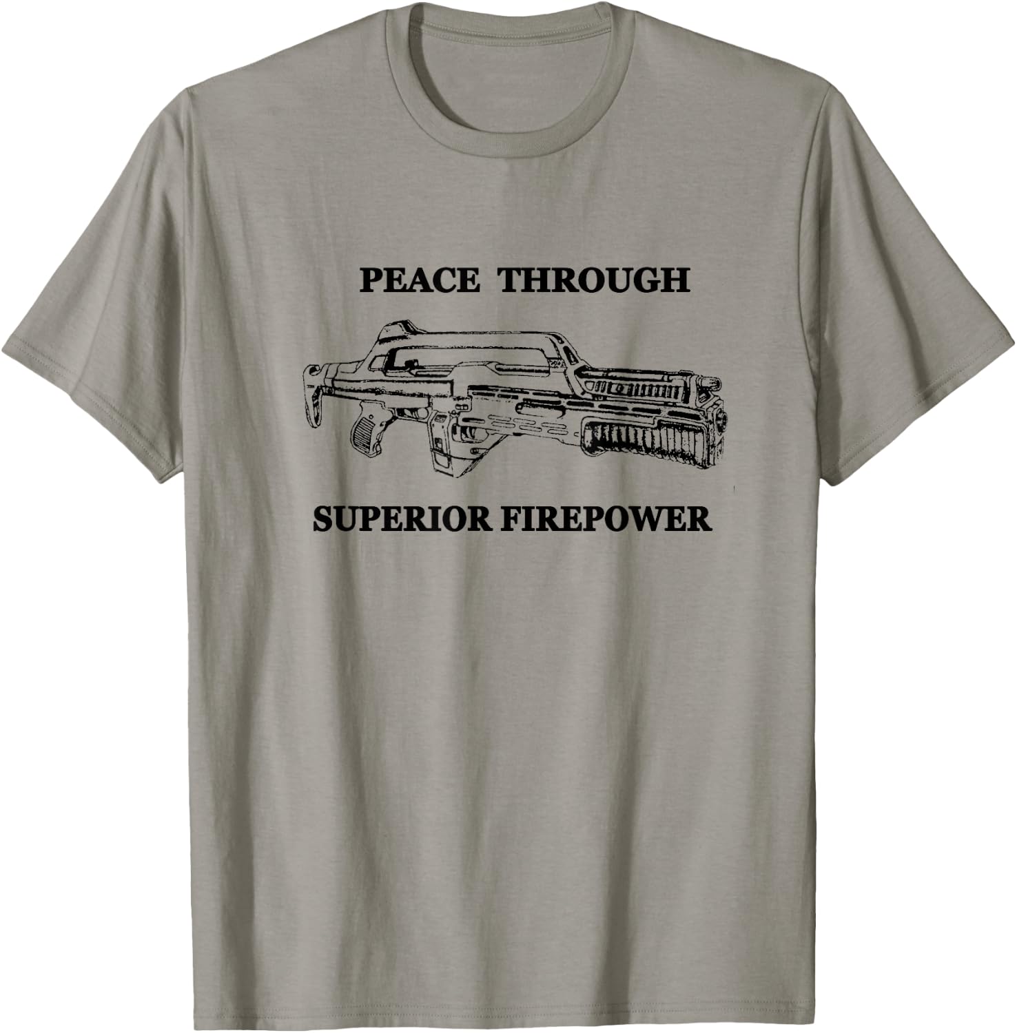 Peace Through Superior Firepower - Retro 80's Sci-fi T-Shirt - T-Shirt | Sand