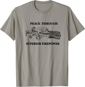 Peace Through Superior Firepower - Retro 80's Sci-fi T-Shirt - T-Shirt | Sand