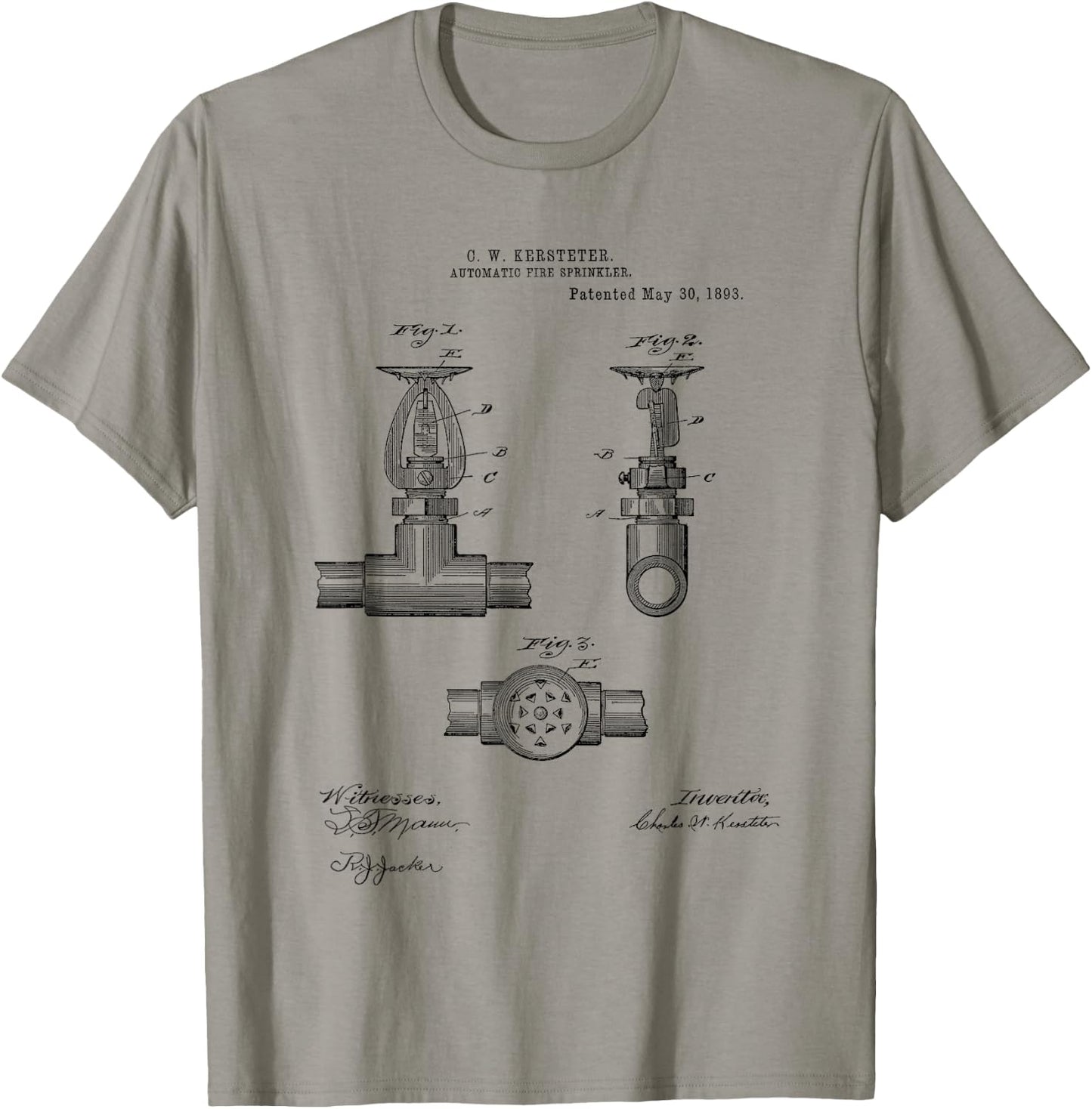 Fire Sprinkler Vintage Patent Hand Drawing Funny Novelty T-Shirt - T-Shirt | Sand