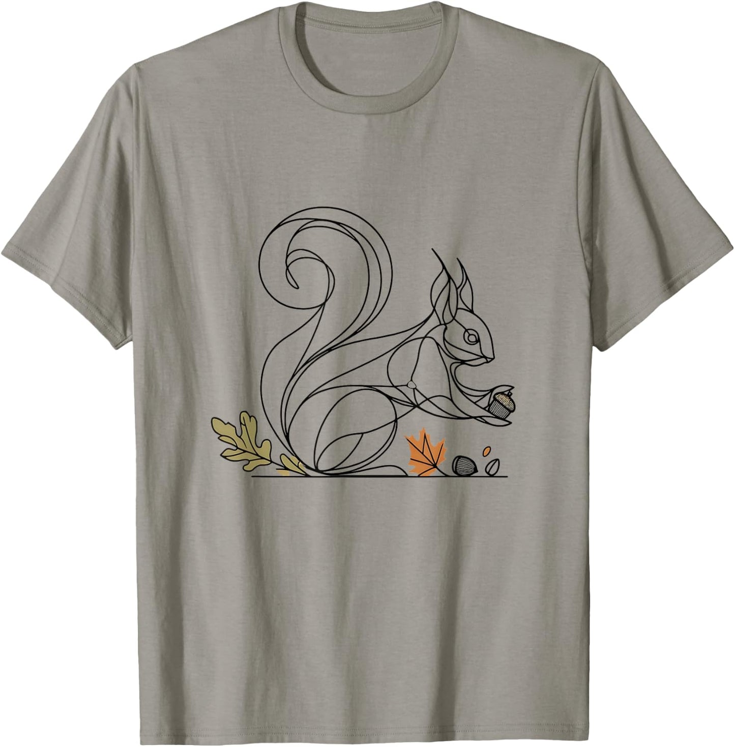 BioGeometry Autumn Squirrel Line with Acorns and Leaves T-Shirt - T-Shirt | Sand