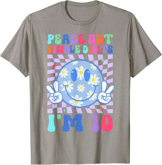 Peace Single Digits I'm 10 Smile Face For Birthday Girls T-Shirt - T-Shirt | Sand
