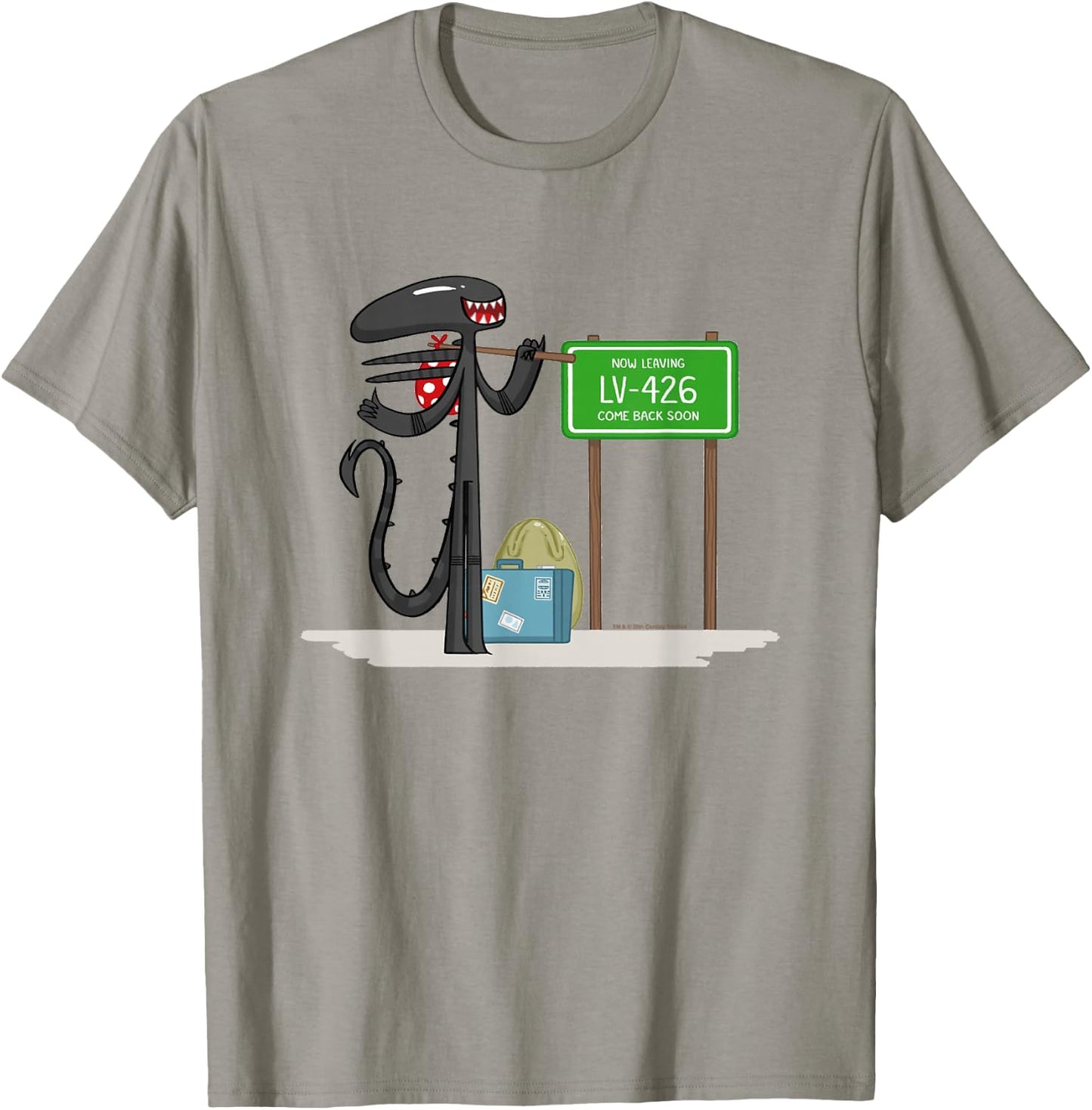 Aliens Cute Animated Xenomorph Leaving LV-426 Big Chest Logo T-Shirt - T-Shirt | Sand