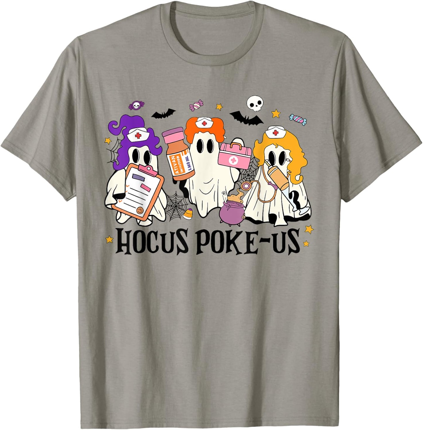 Retro Funny Hocus Poke-us Spooky Nurse Halloween Cute Ghost T-Shirt - T-Shirt | Sand
